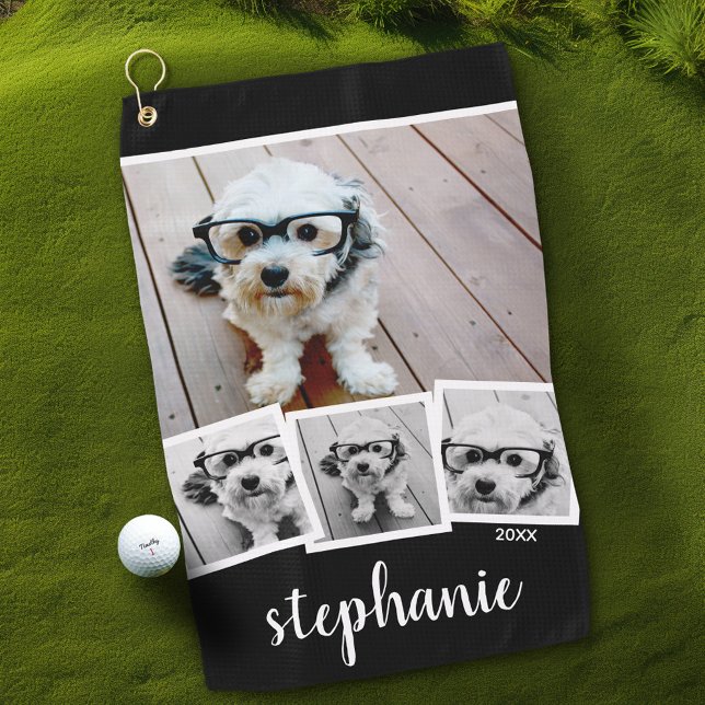 Serviette De Golf Tendance 4 Nom de script de collage photo Blanc No (Personalized Golf Towel with Photos and Text)