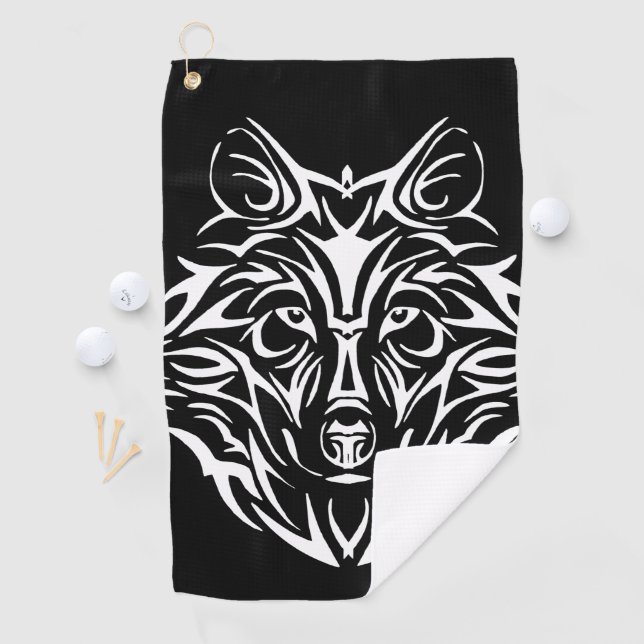 Serviette De Golf Tête de loup blanc sur noir (En situation)