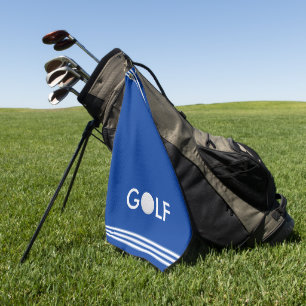 Serviette De Golf Texte de balle de golf et trois bandes sur bleu ro