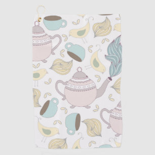 Serviette De Golf Théière Oiseau Jaune Vintage Tasse Pastel Heure du