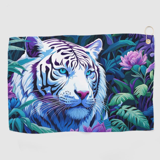 Serviette De Golf Tigre blanc en fleurs violettes Réflexion (Horizontal)