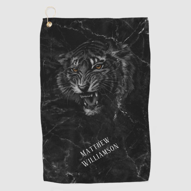Serviette De Golf Tigre Cool  Fond de marbre noir Monogramme  (Devant)