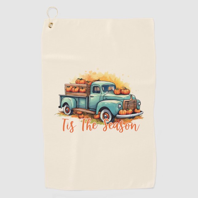 Serviette De Golf 'Tis The Season - Camion rustique avec Citrouilles (Devant)