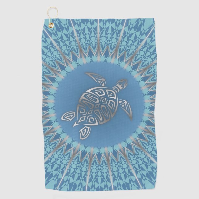Serviette De Golf Tortue Bleue Argent Et Mandala (Devant)
