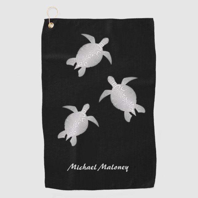 Serviette De Golf Tortue de mer d'argent Monogramme noir Côtier (Devant)