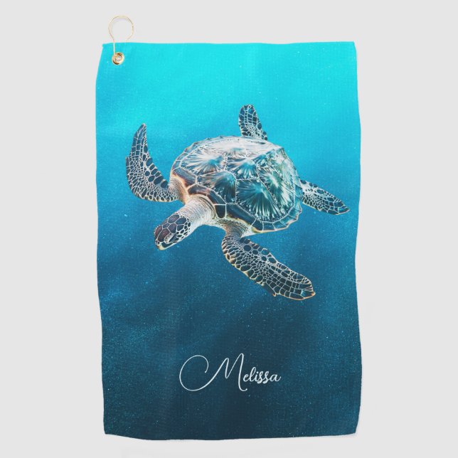 Serviette De Golf Tortue de mer turquoise scintillante | Côtière (Devant)