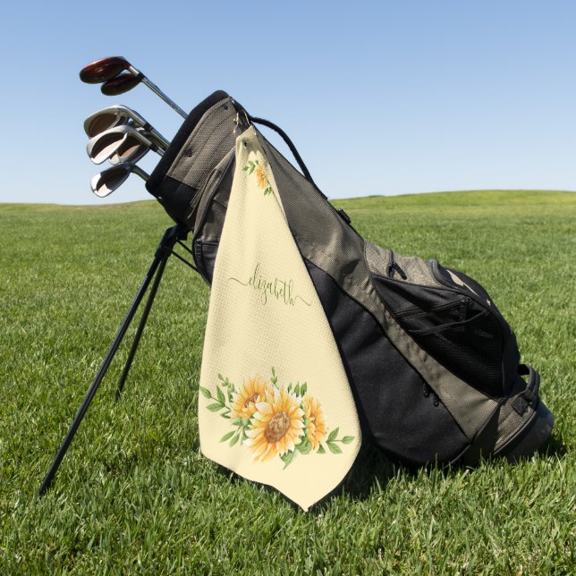 Serviette De Golf Tournesols Monogramme Jaune Vert Floral Fleurs  (Vert)