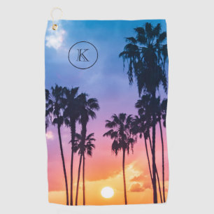 Serviette De Golf Tropical Rainbow Color Palm Tree Sunset Monogram