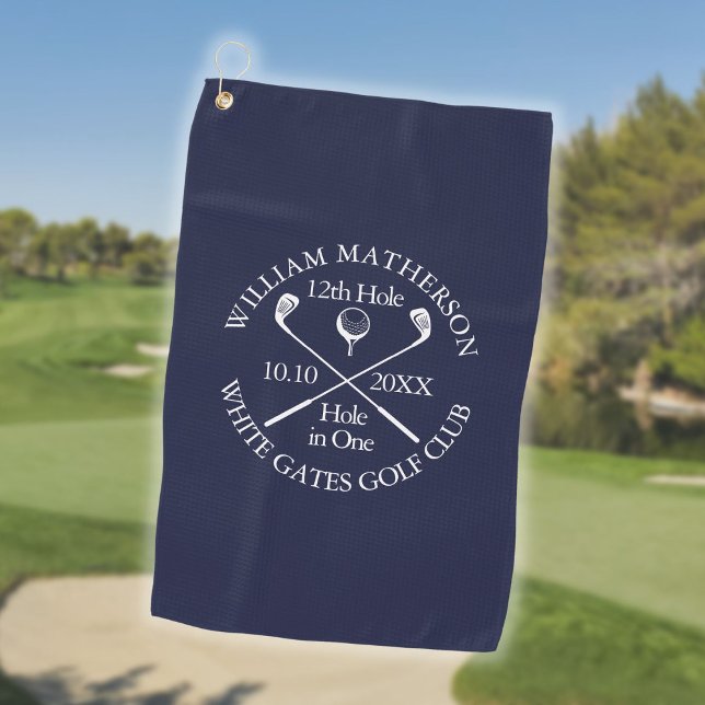Serviette De Golf Trou bleu marine personnalisé en un (Personalized Navy Blue Hole in One Golf Towel)