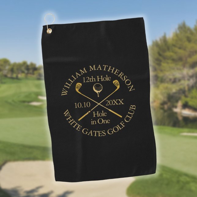 Serviette De Golf Trou noir et or personnalisé en un (Personalized Black And Gold Hole in One Golf Towel)