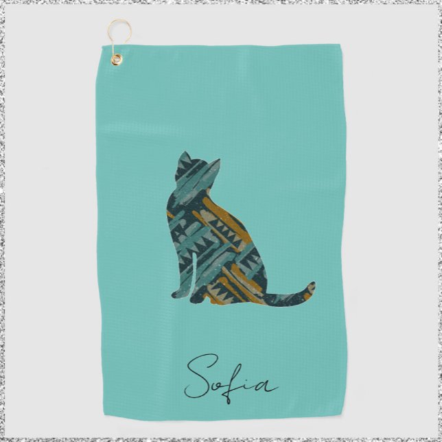 Serviette De Golf Turquoise moderne Blue et Gold Cat (Créateur téléchargé)