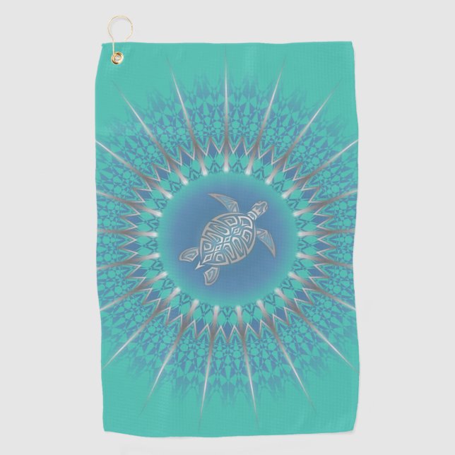 Serviette De Golf Turtle en argent turquoise Mandala Coastal (Devant)