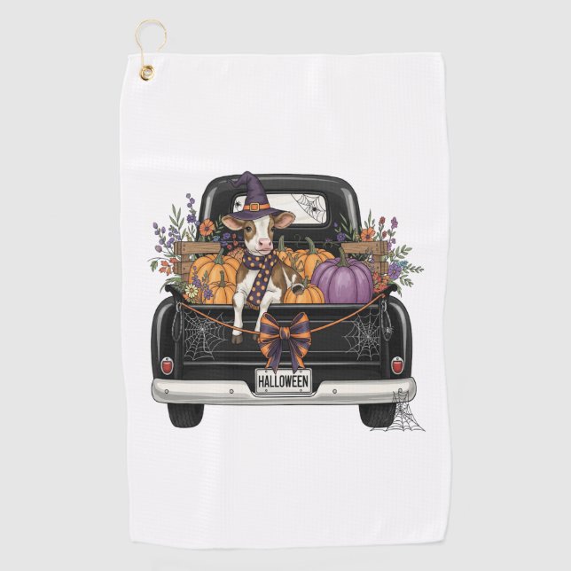 Serviette De Golf Vache des Highlands d'Halloween avec camion (Devant)