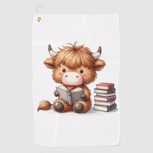 Serviette De Golf Vache des Highlands lisant des livres (Devant)