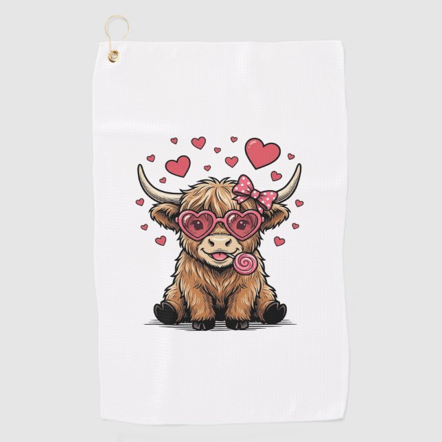 Serviette De Golf Vache des Highlands mignonne Saint-Valentin lunett (Devant)