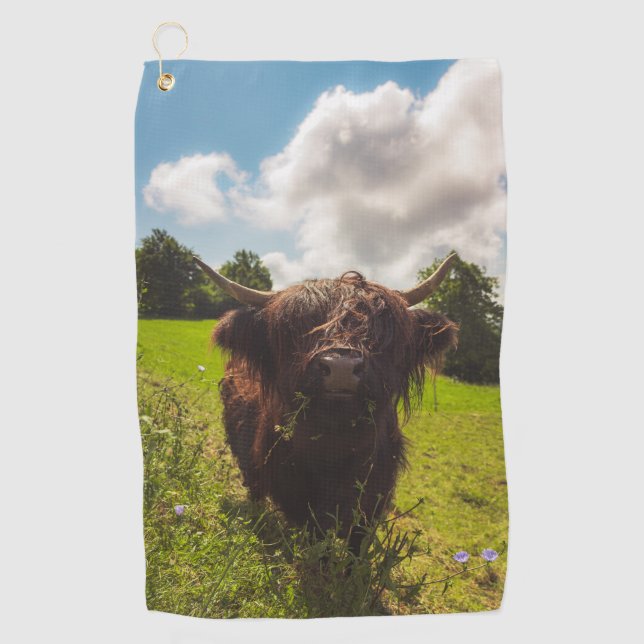 Serviette De Golf Vache noire pâturage vert champ soleil (Devant)