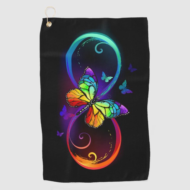 Serviette De Golf Vibrant infinity with rainbow butterfly on black (Devant)