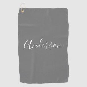 Serviette De Golf Votre nom Élégant script blanc sur gris