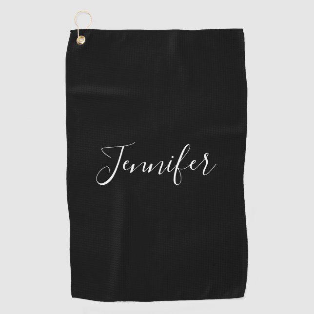 Serviette De Golf Votre nom | Élégant script blanc sur noir (Devant)
