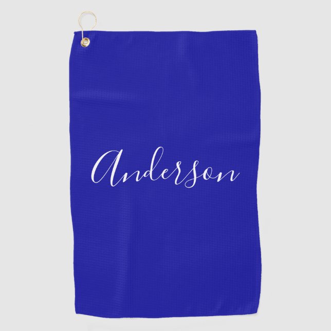 Serviette De Golf Votre nom | Élégant script blanc sur Royal Blue (Devant)