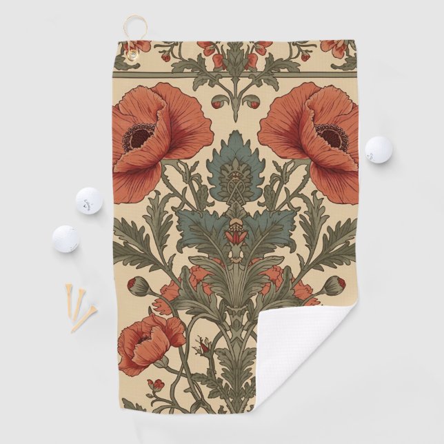 Serviette De Golf William Morris Poppies Floral Art Nouveau Pattern  (En situation)