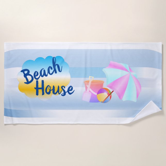 Serviette de la maison de plage bleue et rose (Devant)