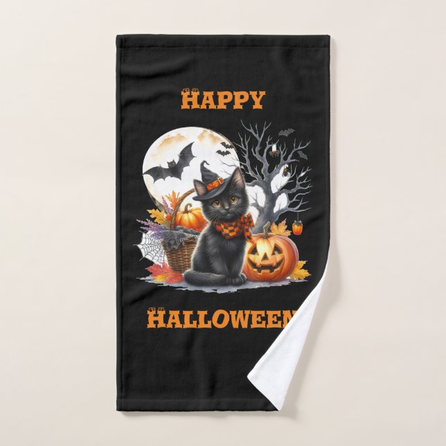 Serviette de mains Chat et citrouille lumineuse Jo (Serviette à main)