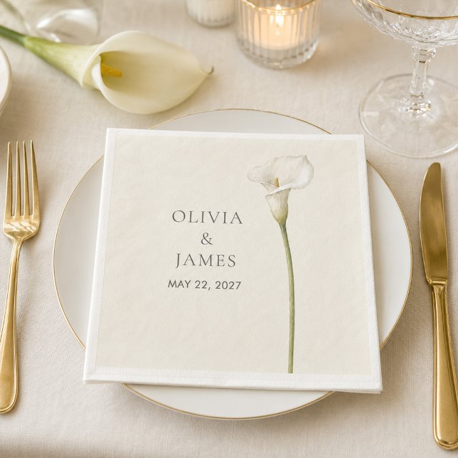 Serviette de mariage en papier au lys calla blanc  (Modern White Calla Lily Wedding Paper Napkin)