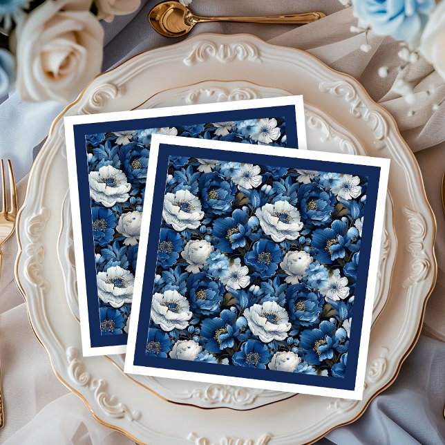 Serviette de mariage en papier bleu marine moderne (Modern Navy Blue Ivory Floral Wedding Paper Napkins)