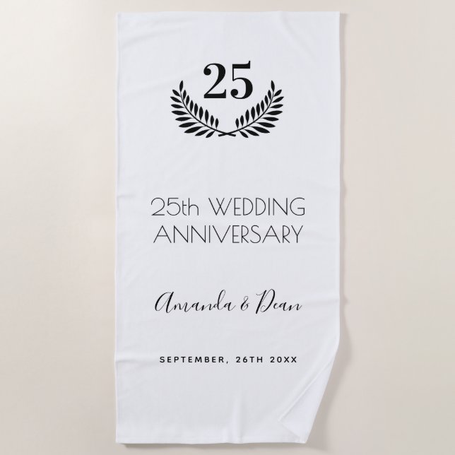 Serviette De Plage 25e anniversaire mariage blanc noir couronne (Devant)