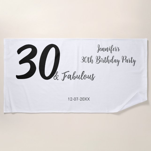 Serviette De Plage 30e anniversaire ajouter nom date année noir (Devant)