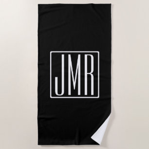 Serviette De Plage 3 Initiales Monogramme Noir et blanc (ou couleur