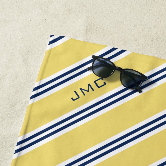 Serviette De Plage 3 lettres Monogramme rayures jaune et bleu (En situation)