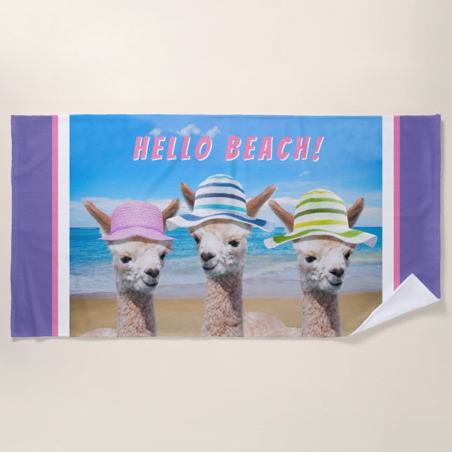 Serviette De Plage 3 Mignons Alpacas En Casquette Soleil, Personnalis (Devant)