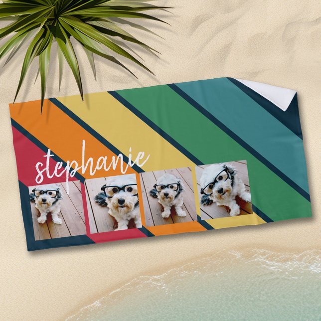 Serviette De Plage 4 Photo motif à rayures rétro arc-en-ciel nom scri (Personalized beach towel with photos and text)