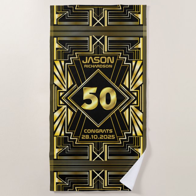 Serviette De Plage 50e anniversaire Art Déco Gold Black Great Gatsby (Devant)