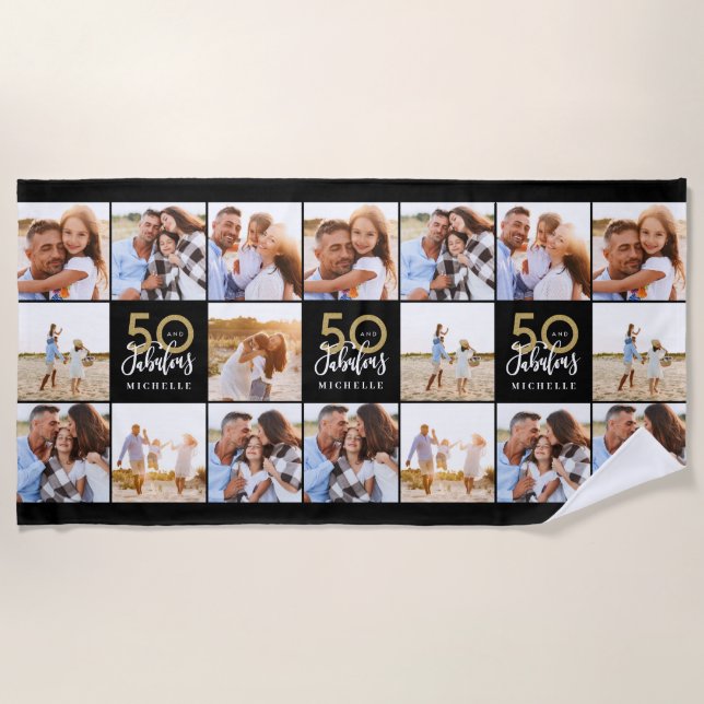 Serviette De Plage 50e anniversaire bon or noir photo collage chic b (Devant)