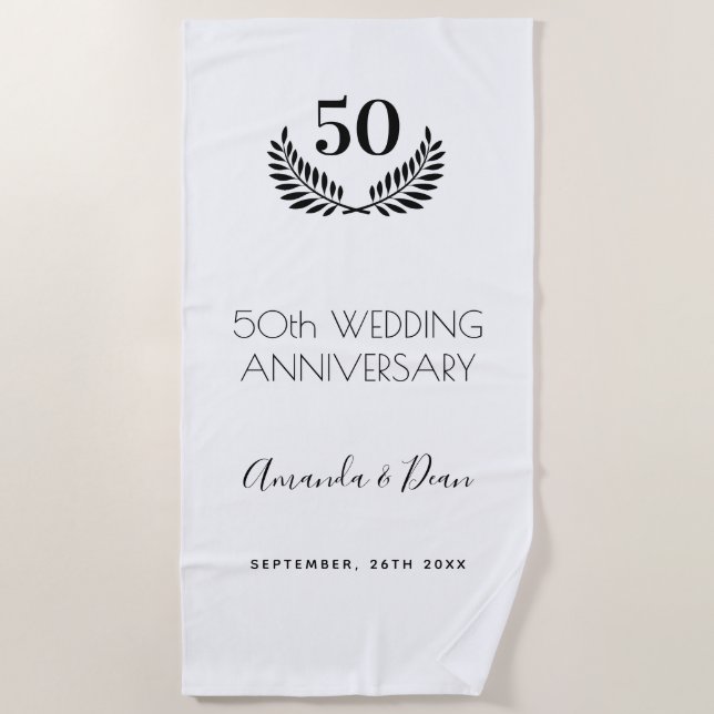 Serviette De Plage 50e anniversaire du mariage couronne blanche noire (Devant)