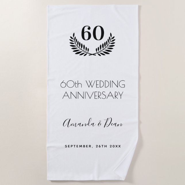 Serviette De Plage 60e anniversaire mariage blanc noir couronne (Devant)