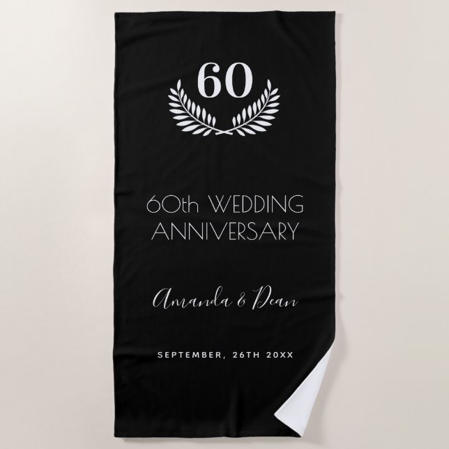Serviette De Plage 60e anniversaire mariage couronne blanche noire (Devant)