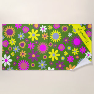 Serviette De Plage 60s Flower Green Jaune violet Nom floral