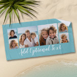 Serviette De Plage 6 Collage photo Script personnalisé Texte bleu cla<br><div class="desc">Une façon amusante de montrer des photos d'amis et de famille. Téléchargez jusqu'à 6 photos et ajoutez-les au collage. L'arrière - plan est bleu clair, mais vous pouvez changer l'arrière - plan lorsque vous cliquez sur le lien personnaliser et choisissez une autre couleur. Vous pouvez également ajouter un nom ou...</div>