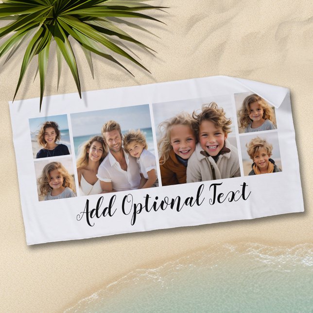 Serviette De Plage 6 Collage photo Script personnalisé Texte noir bla (Personalized Beach Towel - Add Photos and Text)