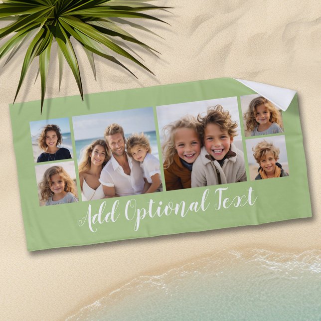 Serviette De Plage 6 Collage photo Script personnalisé Texte vert cla (Personalized Beach Towel - Add Photos and Text)