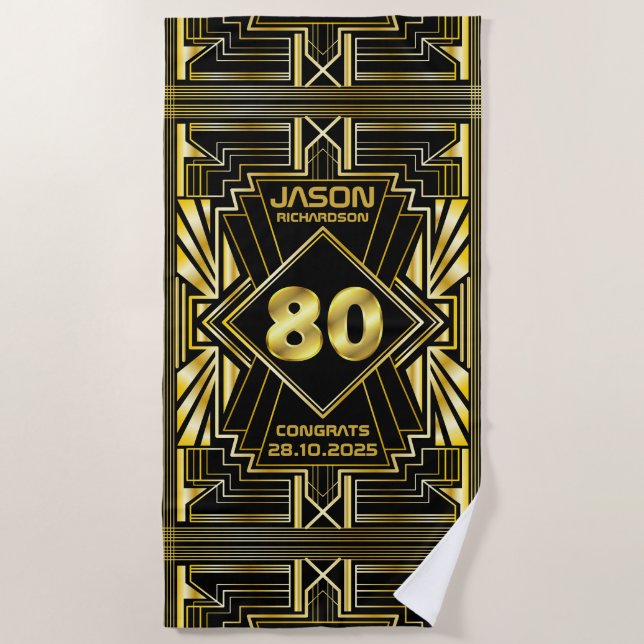 Serviette De Plage 80e anniversaire Art Déco Gold Black Great Gatsby (Devant)