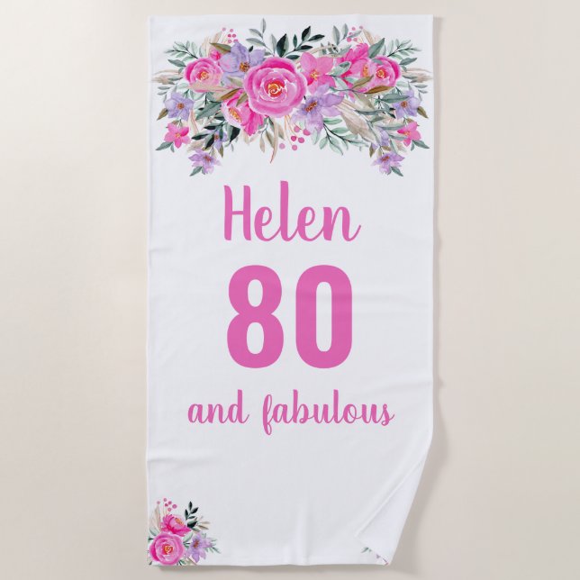Serviette De Plage 80e anniversaire rose floral (Devant)