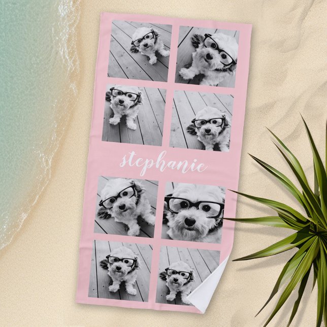 Serviette De Plage 8 Photo Collage - Nom manuscrit rose (Personalized Beach Towel - Photo Collage -- Use Color or Black and White Photos)