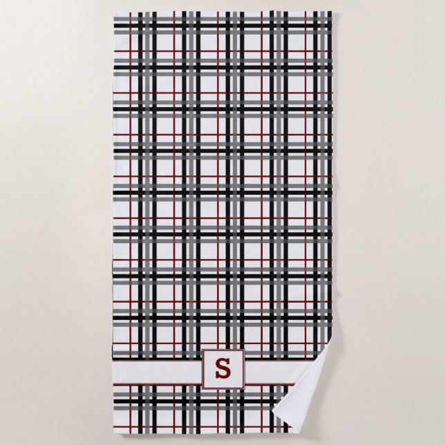 Serviette de plage à carreaux noir blanc et rouge (Devant)