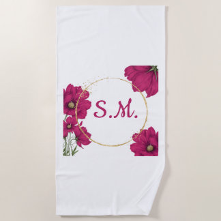 Serviette de plage à cercle doré et fleurs roses