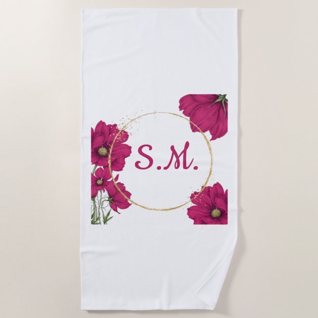 Serviette de plage à cercle doré et fleurs roses (Devant)